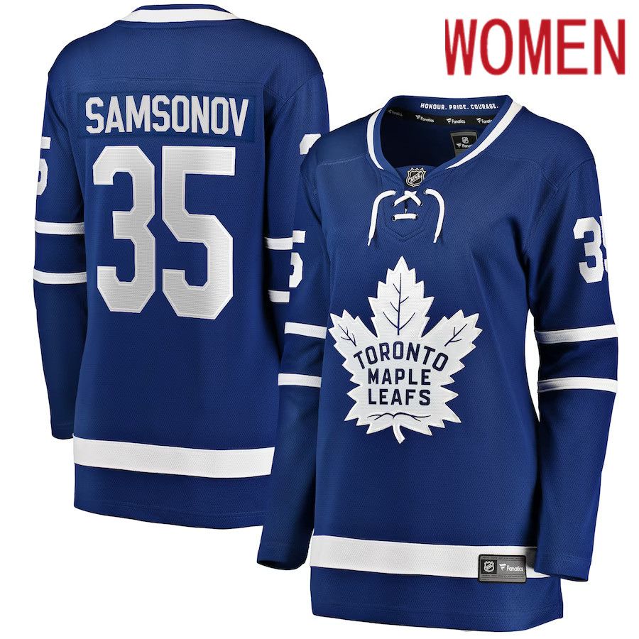 Women Toronto Maple Leafs 35 Ilya Samsonov Fanatics Branded Blue Home Breakaway Player NHL Jersey
